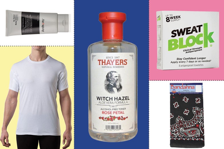 Collage of various products to stop sweating.
